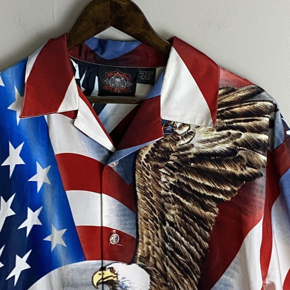 DRAGONFLY ROADHOUSE Mens Red Button Up Short Sleeve Shirt Size M Eagle USA Biker - Picture 3 of 9